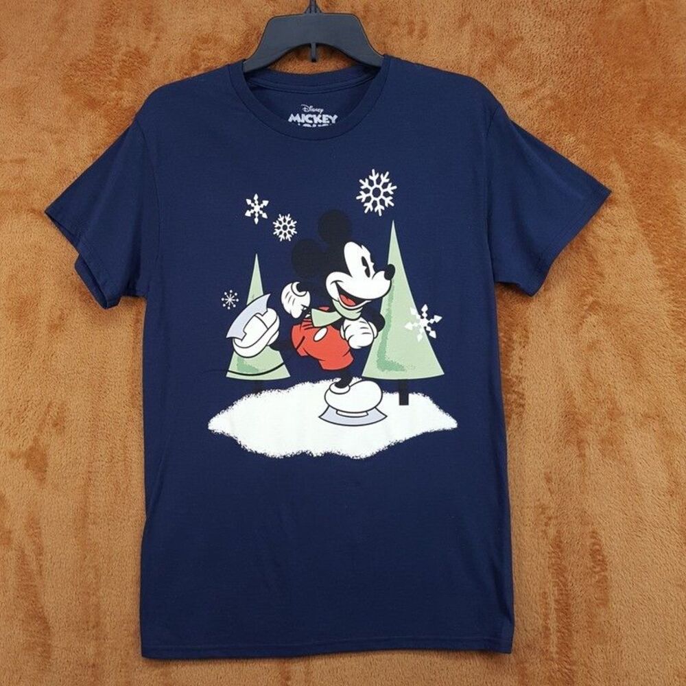 DISNEY Mickey Mouse Mens Small Navy Blue Graphic Crew Ice Skating T-Shirt Tee